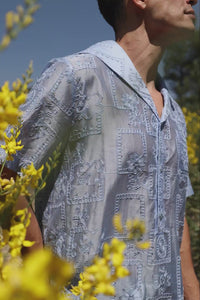 Barabas Men's Cuban Collared See-Through Short Sleeve Shirt 6CCS01 Sky Blue
