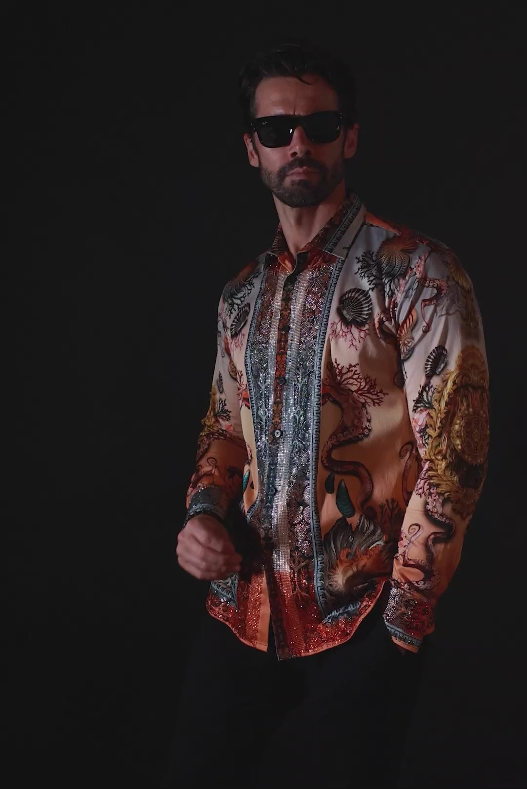 Barabas Wholesale Men's Rhinestone Sea Ocean Baroque Long Sleeve Shirts 3SPR417 Peach