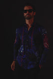 Barabas Wholesale Men's Rhinestone Leopard Floral Long Sleeves Shirt 2SPR225 Navy