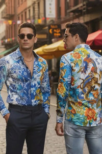 Barabas Wholesale Men's Rhinestones Floral Dragon Tiger Long Sleeve Shirt 5SPR08 White