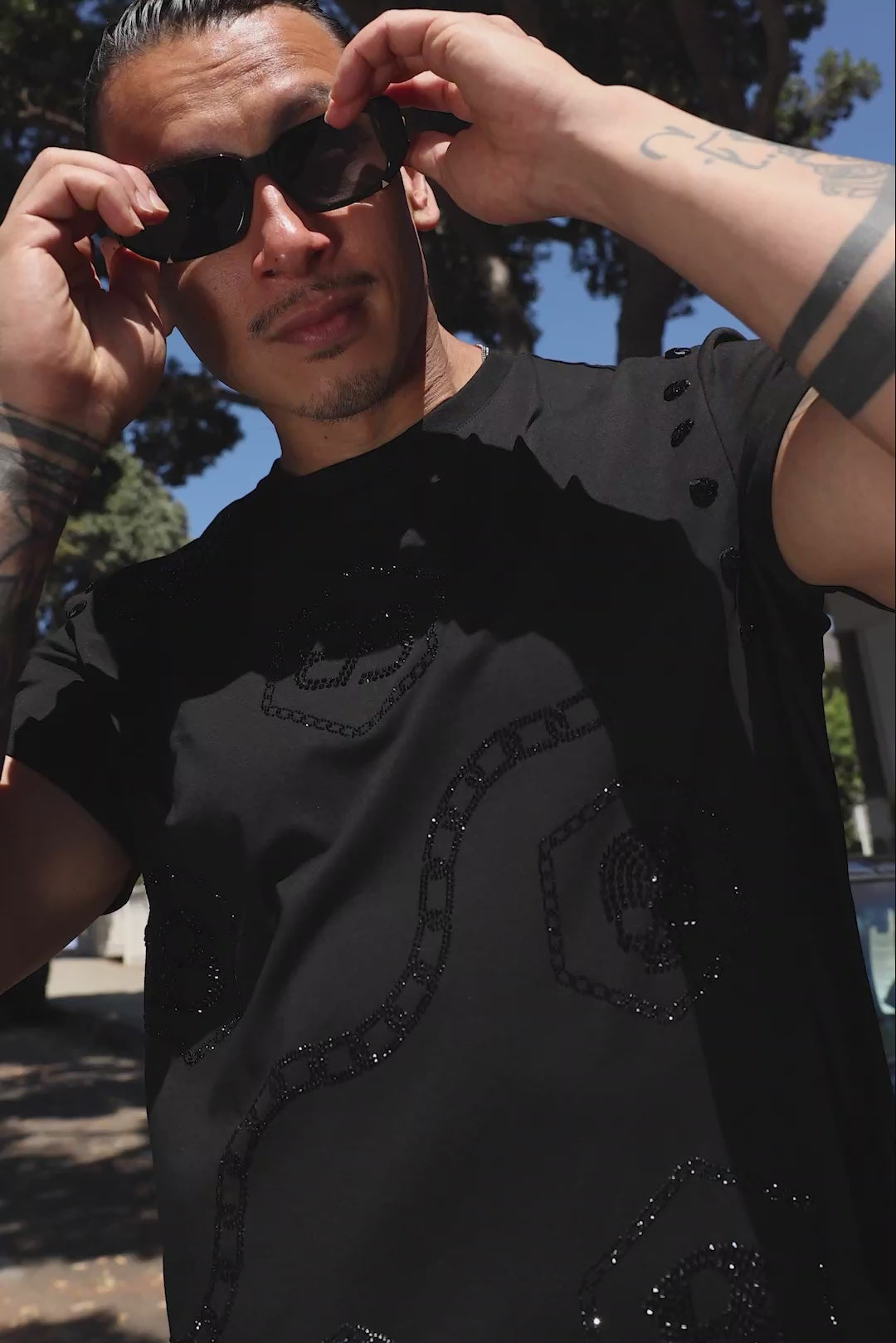 Barabas Men's Rhinestone Geometric Crew-neck T-shirt 6TR11 Black
