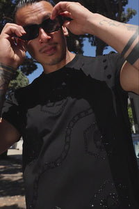 Barabas Men's Rhinestone Geometric Crew-neck T-shirt 6TR11 Black