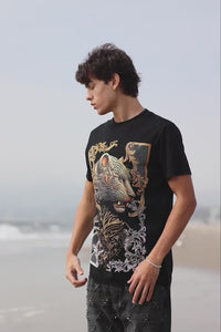Barabas Men's Panther Rhinestone Stretch Crew Neck T-Shirt 6TR08 Black