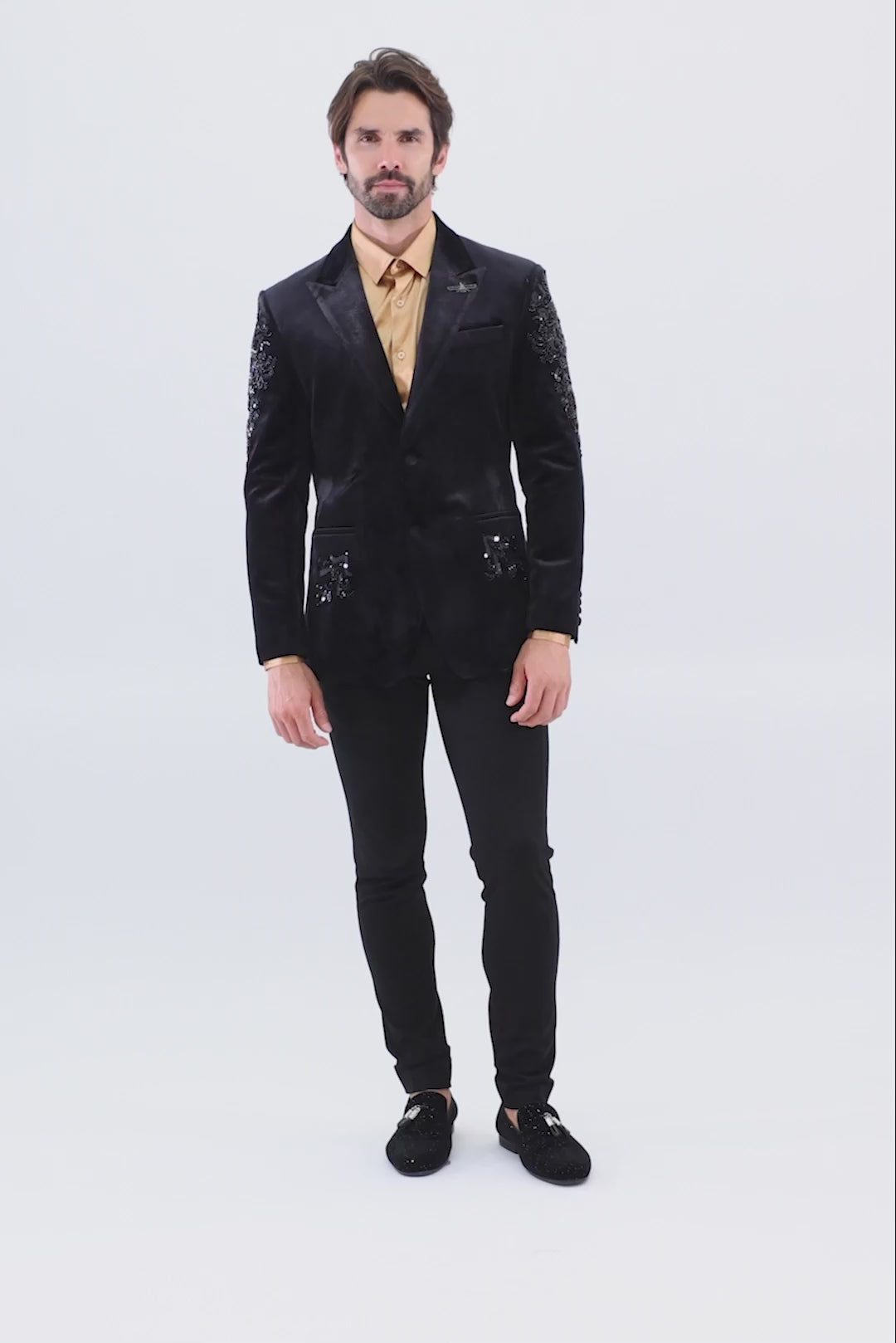 Barabas Wholesale Men's Jewels Rhinestone Studs Peak Lapel Velvet Blazer 2BLR2 Black Silver