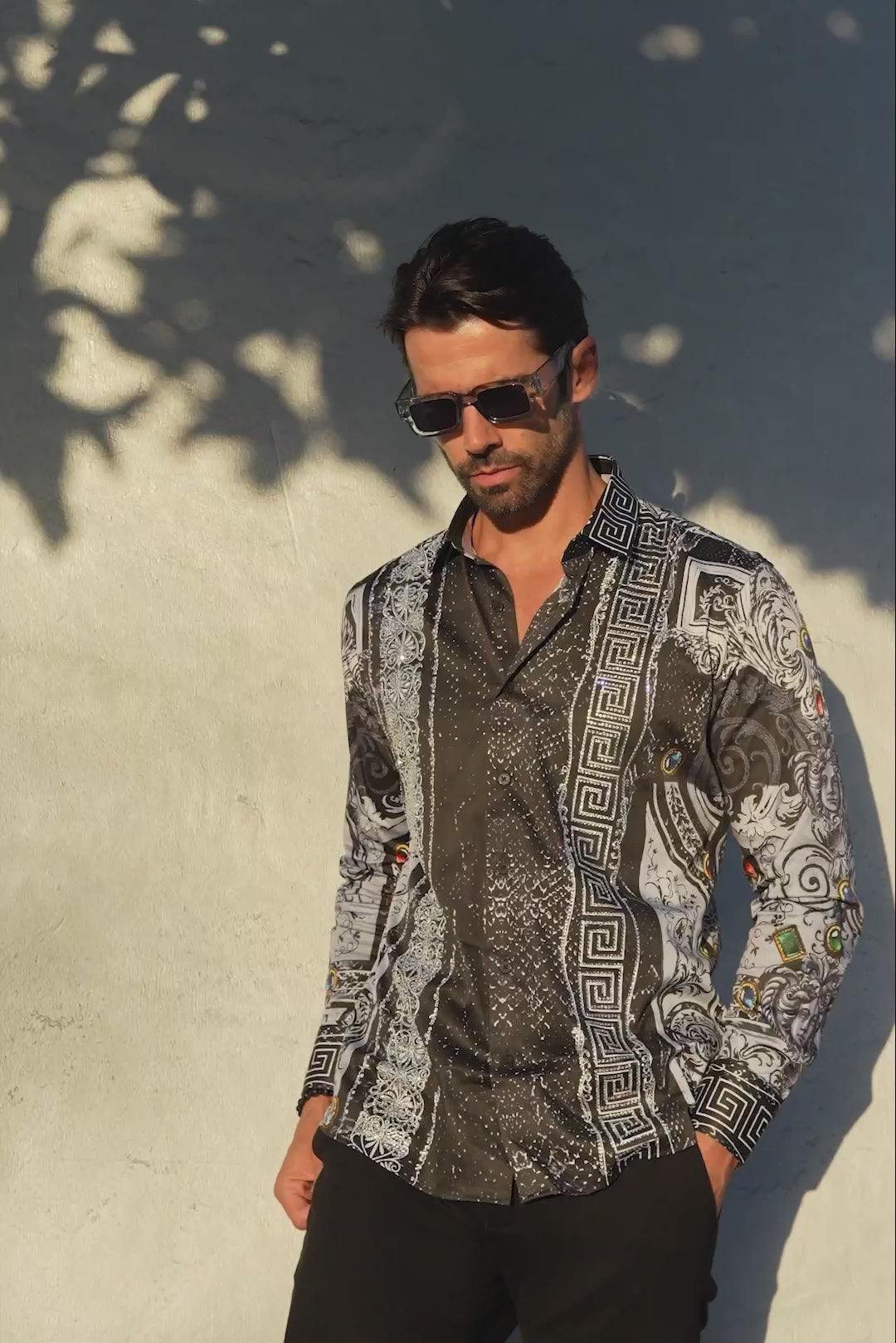 Barabas Wholesale Men's Black Snake Greek Pattern Rhinestone dress Shirts SPR962