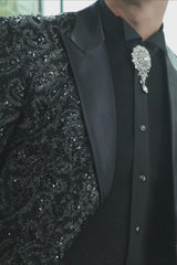 Barabas Wholesale Men's Sequins Paisley Design Luxury Peak Lapel Blazer 5BL06 Black