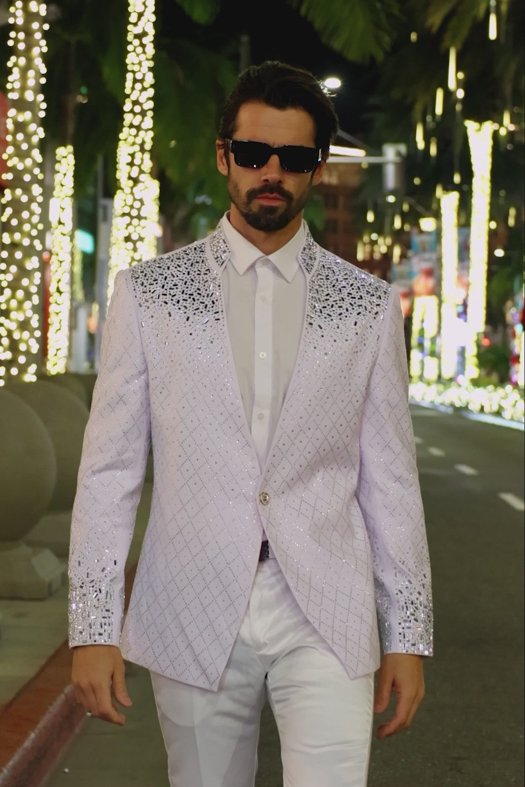 Barabas Wholesale Men's Geometric Pattern Rhinestone Henley Lapel Blazer 4EBL53 white silver