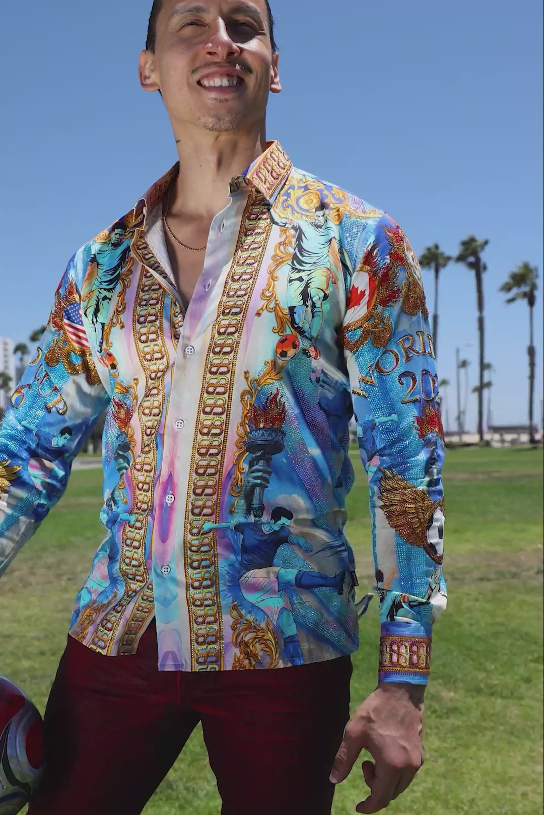 Men's Wholesale Rhinestone 2026 World Cup Floral Print Shirt | BARABAS 6SPR20