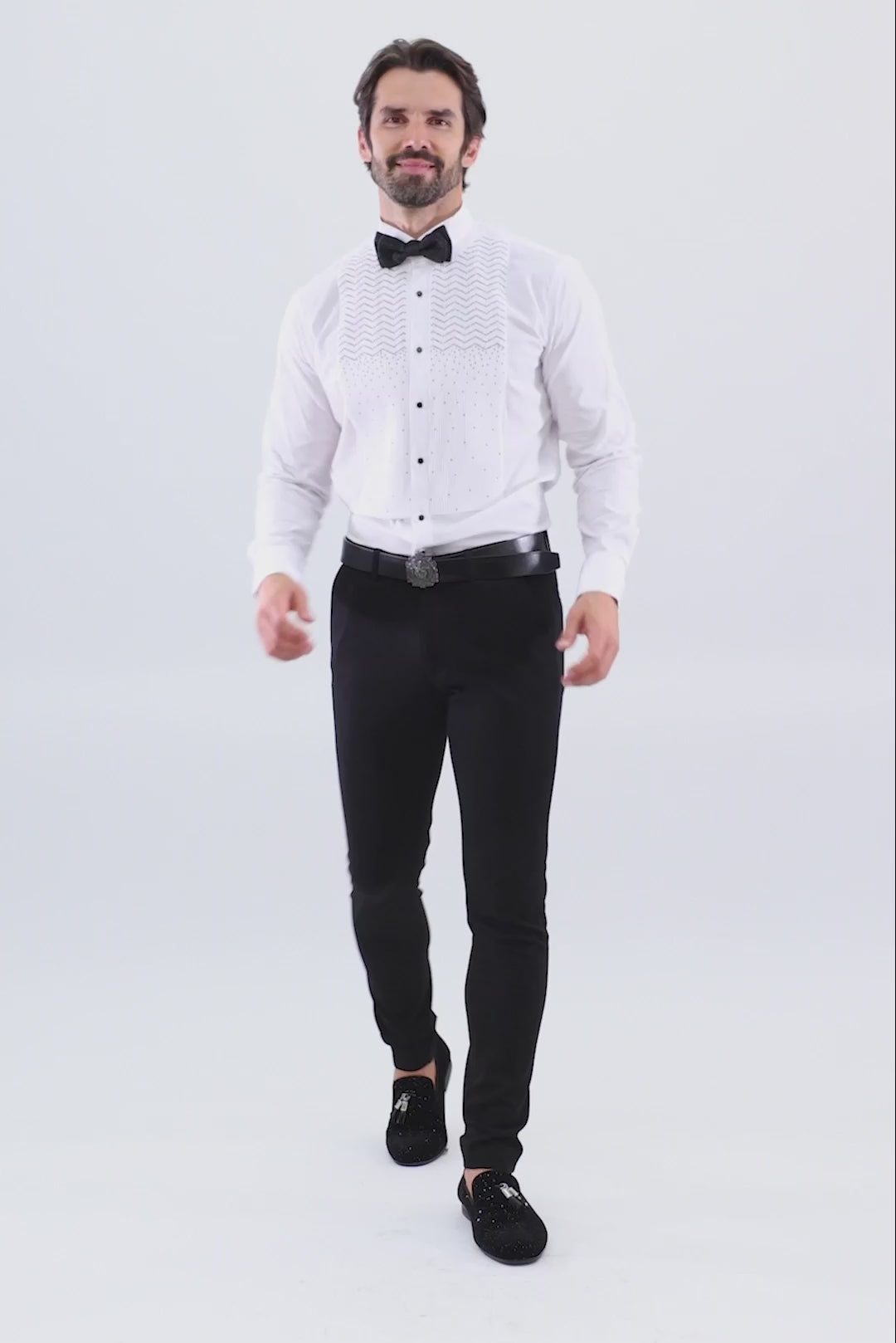 Barabas Wholesale Men's Zigzag Rhinestone Tuxedo Long Sleeve Shirt 4TXR06 White
