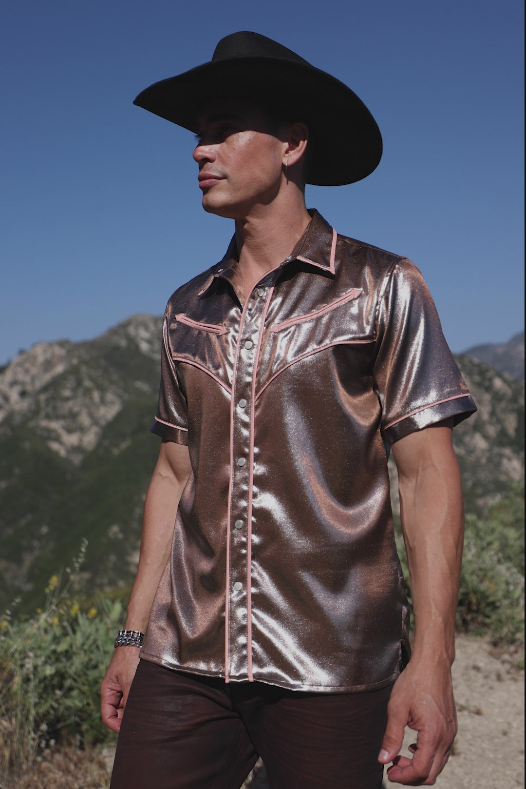 Barabas Wholesale Men's Metallic Shiny Short Sleeve Casual Western Shirt 6WS02 Brown Light Pink