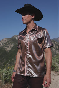 Barabas Wholesale Men's Metallic Shiny Short Sleeve Casual Western Shirt 6WS02 Brown Light Pink