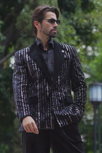 Barabas Wholesale Men's Sequin Geometric Design Peak Lapel Blazer 5BL16 Black
