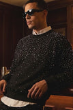 Barabas Men's Rhinestone Crew Neck Stretch Cardigan Sweater 5LSR01 Black