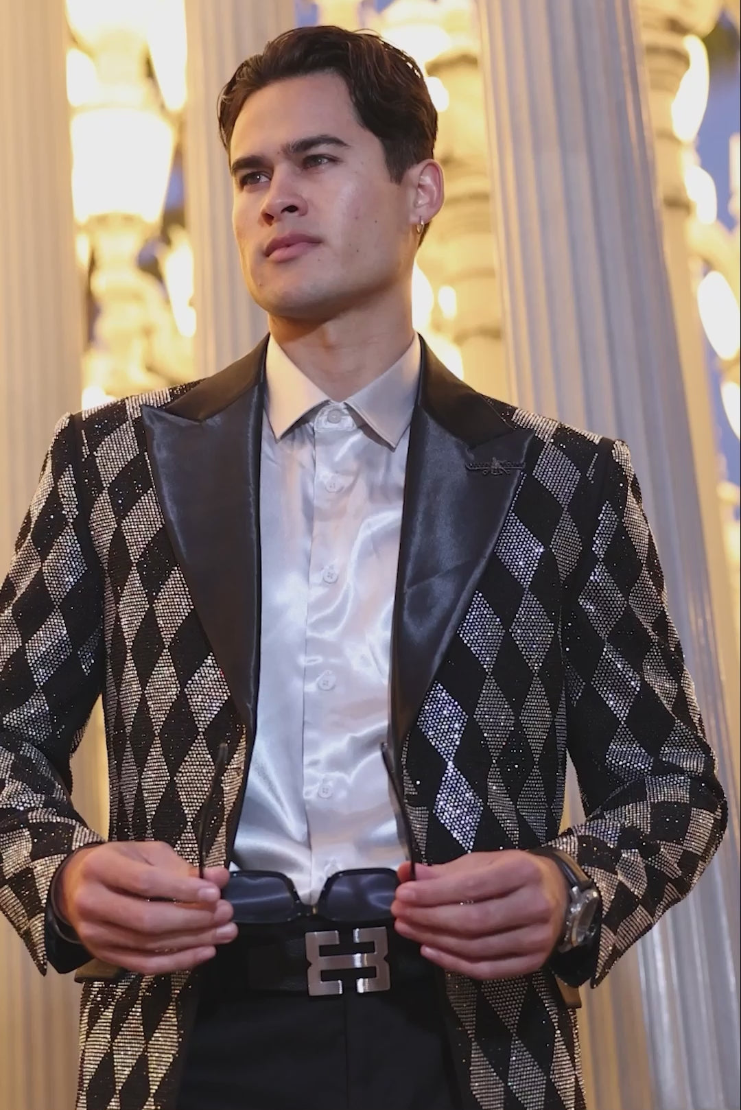 Barabas Wholesale Men's Checkered Pattern Rhinestones Luxury Blazer 4EBL52 Black
