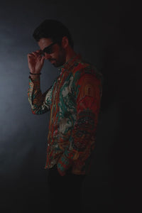 Barabas Wholesale Men's Rhinestone Floral Dragon Long Sleeve Shirts 4SPR11 Orange