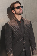 Barabas Wholesale Men's Geometric Pattern Rhinestone Henley Lapel Blazer 4EBL53 Black Gold