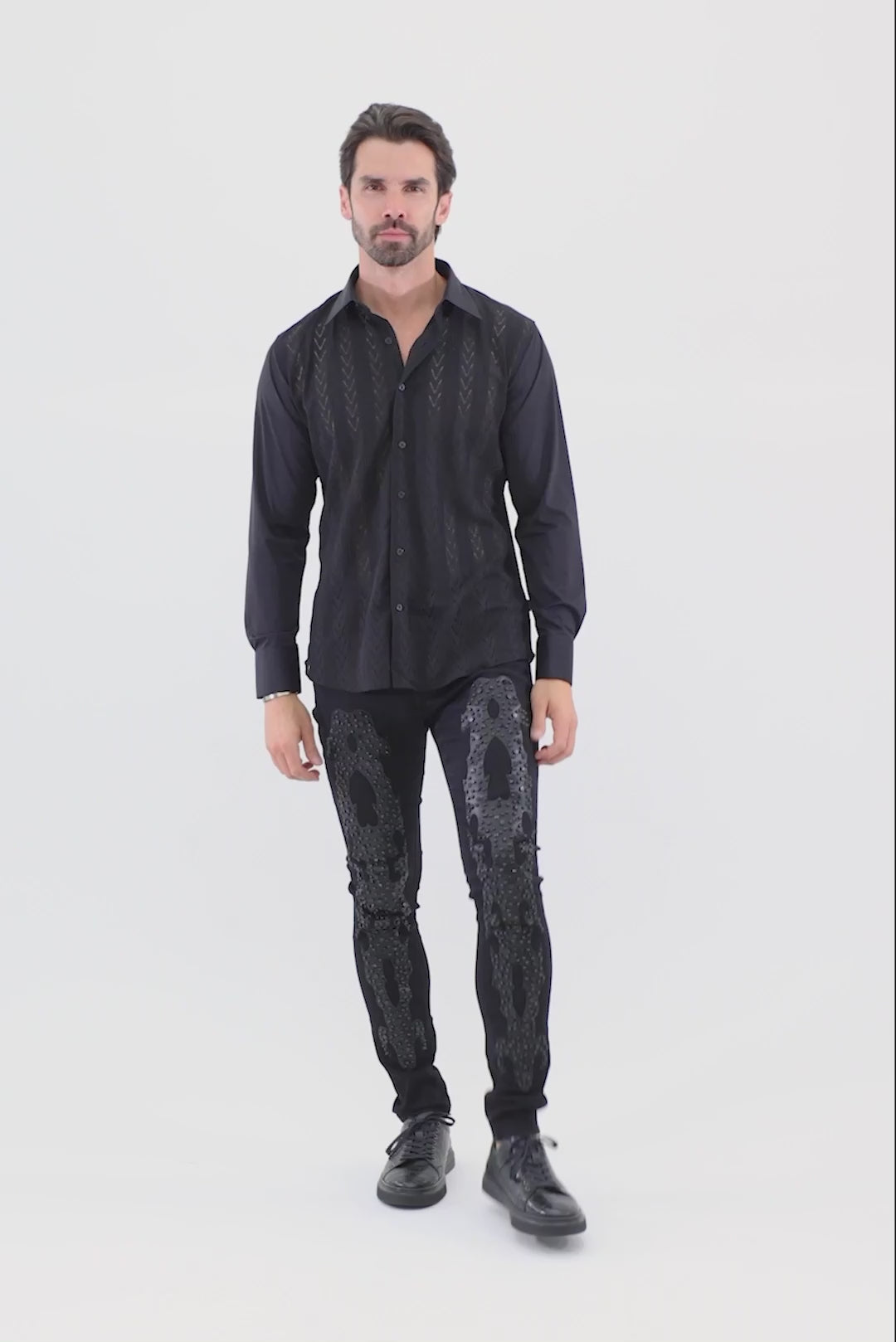 Barabas Wholesale Men's Geometric Stretch See-through Long Sleeve Shirts 4B60 White