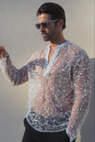 Barabas Wholesale Men's Sheer See Through Sequins Long Sleeve Shirts 5PST02 Light Blue