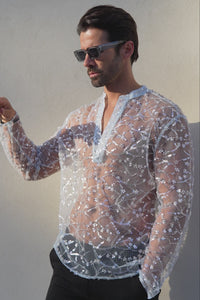 Barabas Wholesale Men's Sheer See Through Sequins Long Sleeve Shirts 5PST02 Light Blue
