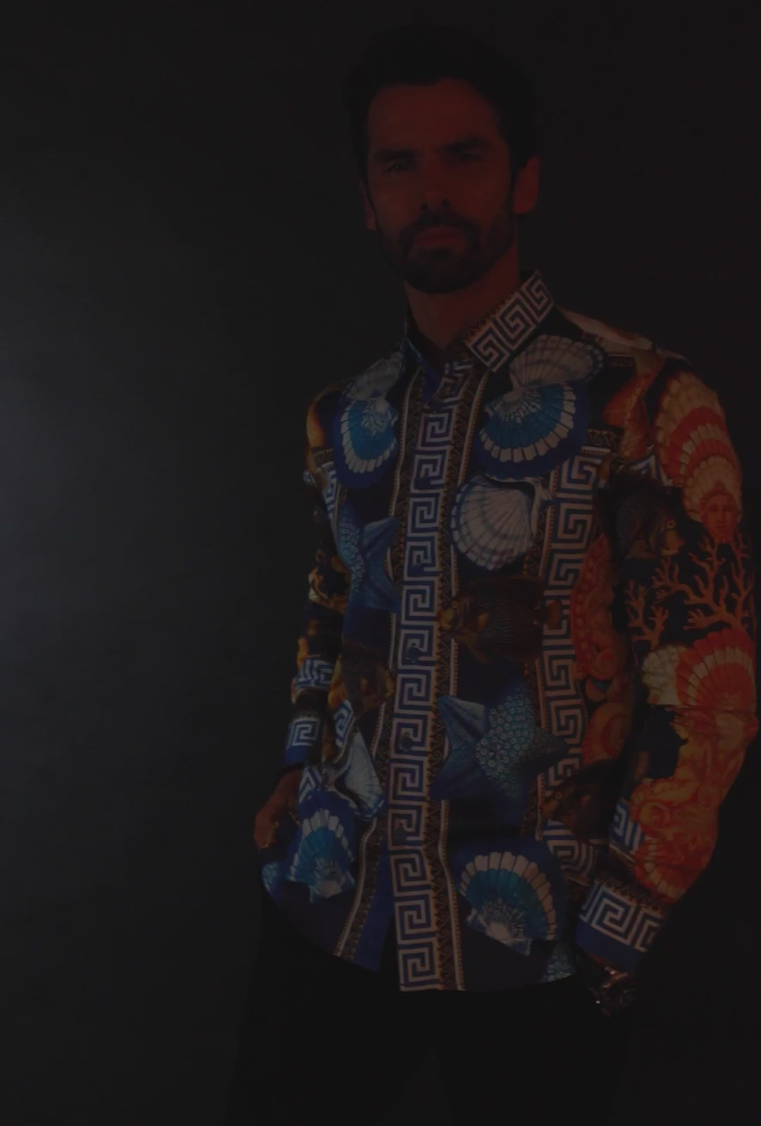 Barabas Wholesale Men's Rhinestone Sea Animals Prints Long Sleeve Shirt SPR233 Blue