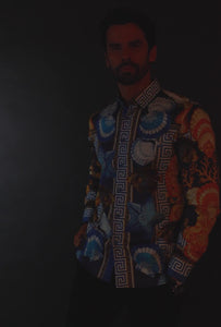 Barabas Wholesale Men's Rhinestone Sea Animals Prints Long Sleeve Shirt SPR233 Blue