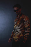 Barabas Wholesale Men's Rhinestone Tiger Scratch Prints Long Sleeve Shirt SPR11 Orange