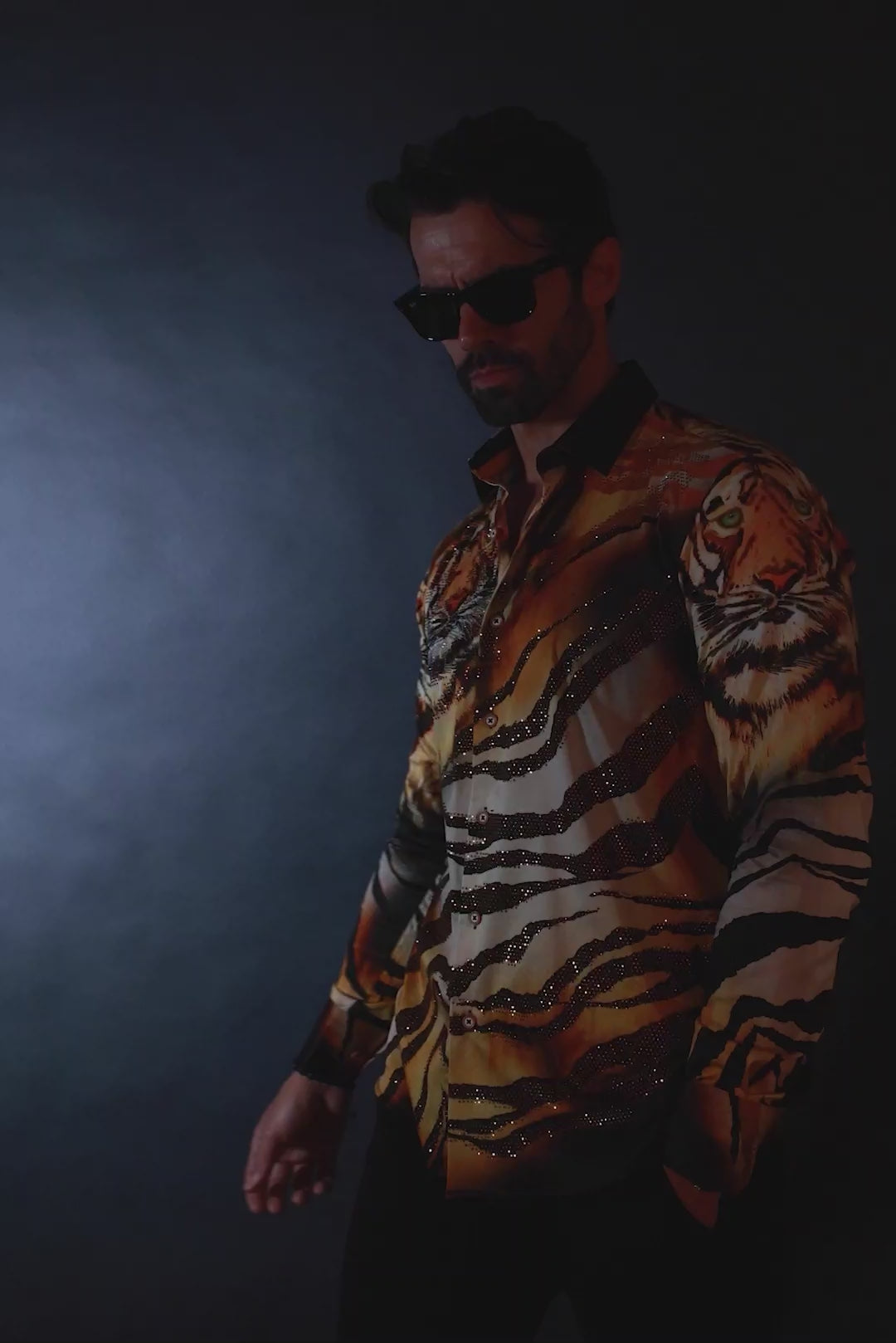 Barabas Wholesale Men's Rhinestone Tiger Scratch Prints Long Sleeve Shirt SPR11 Orange