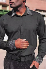 Barabas Wholesale Men's Rhinestone Collar Cuff Long Sleeve Shirt 3B29 Black Silver