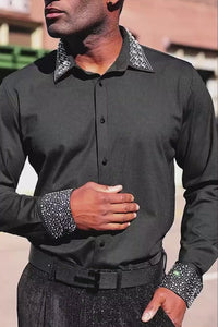 Barabas Wholesale Men's Rhinestone Collar Cuff Long Sleeve Shirt 3B29 Black Silver