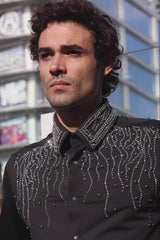 Barabas Men's Rhinestones Geometric Stretch Long Sleeve Shirts 5BR03 Black Silver