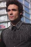 Barabas Men's Rhinestones Geometric Stretch Long Sleeve Shirts 5BR03 Black Silver