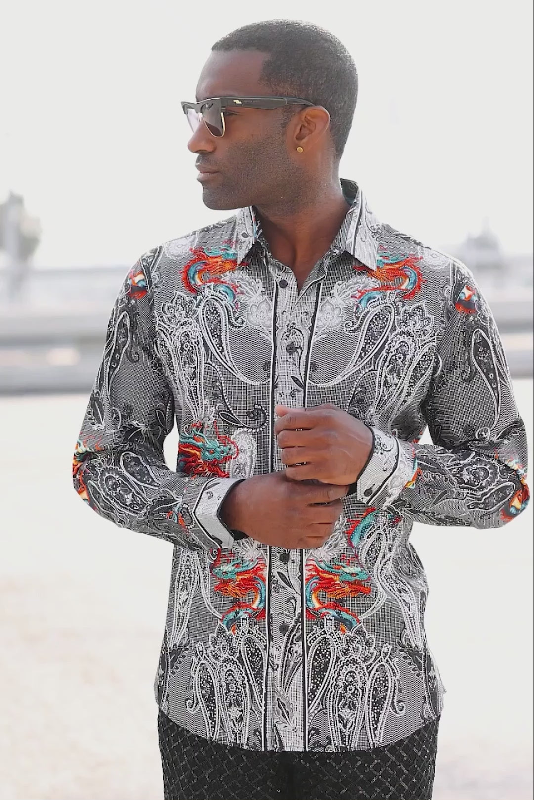 Barabas Wholesale Men's Rhinestone Paisley Dragon Long Sleeve Shirts 4SPR02 Pink
