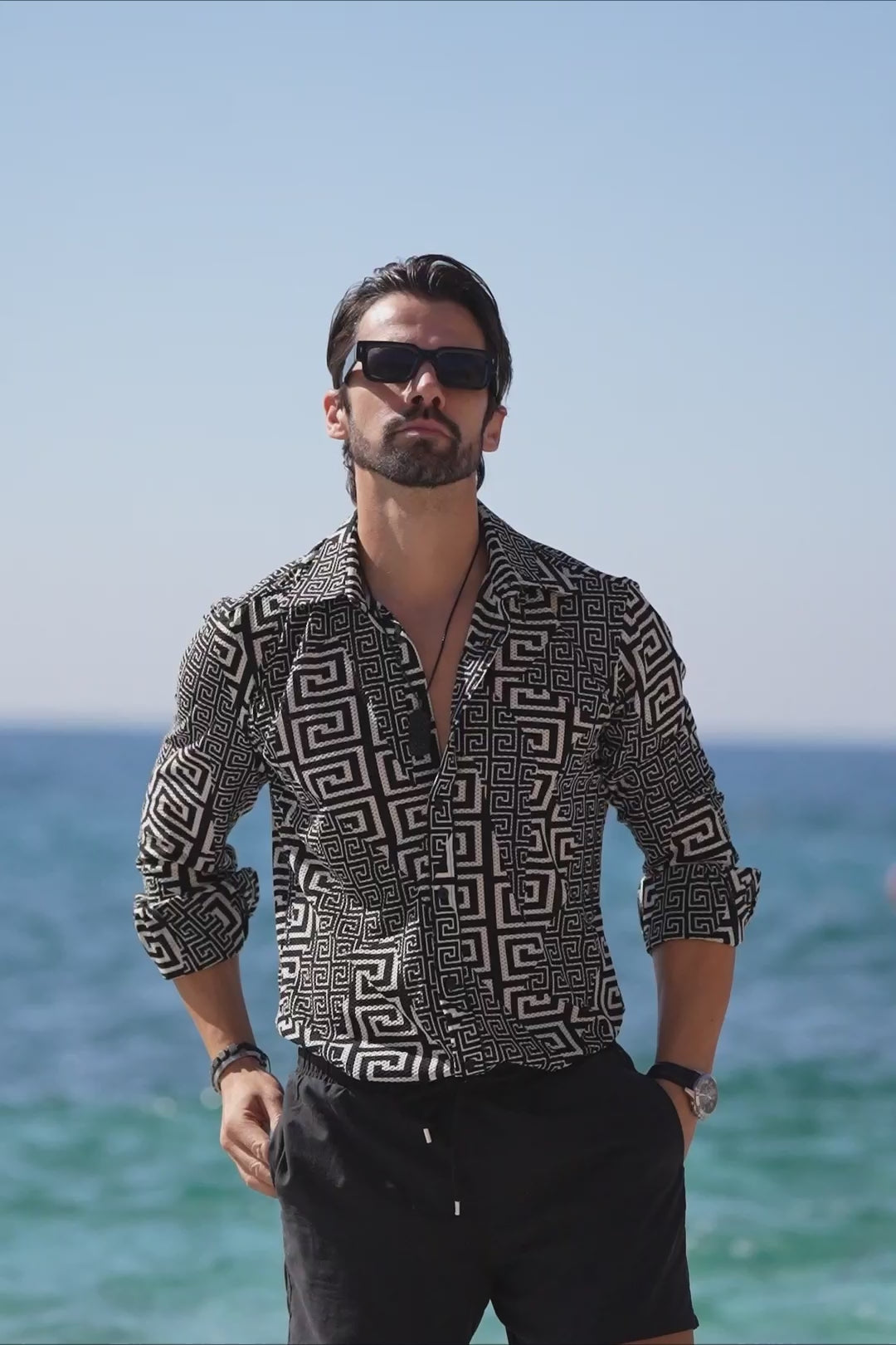 Barabas Wholesale Men's Greek Key Stretch See Through Long Sleeve Shirt 4B96 White