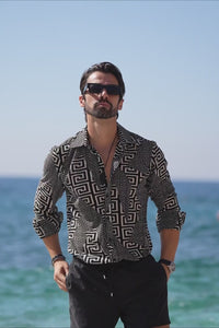 Barabas Wholesale Men's Greek Key Stretch See Through Long Sleeve Shirt 4B96 White