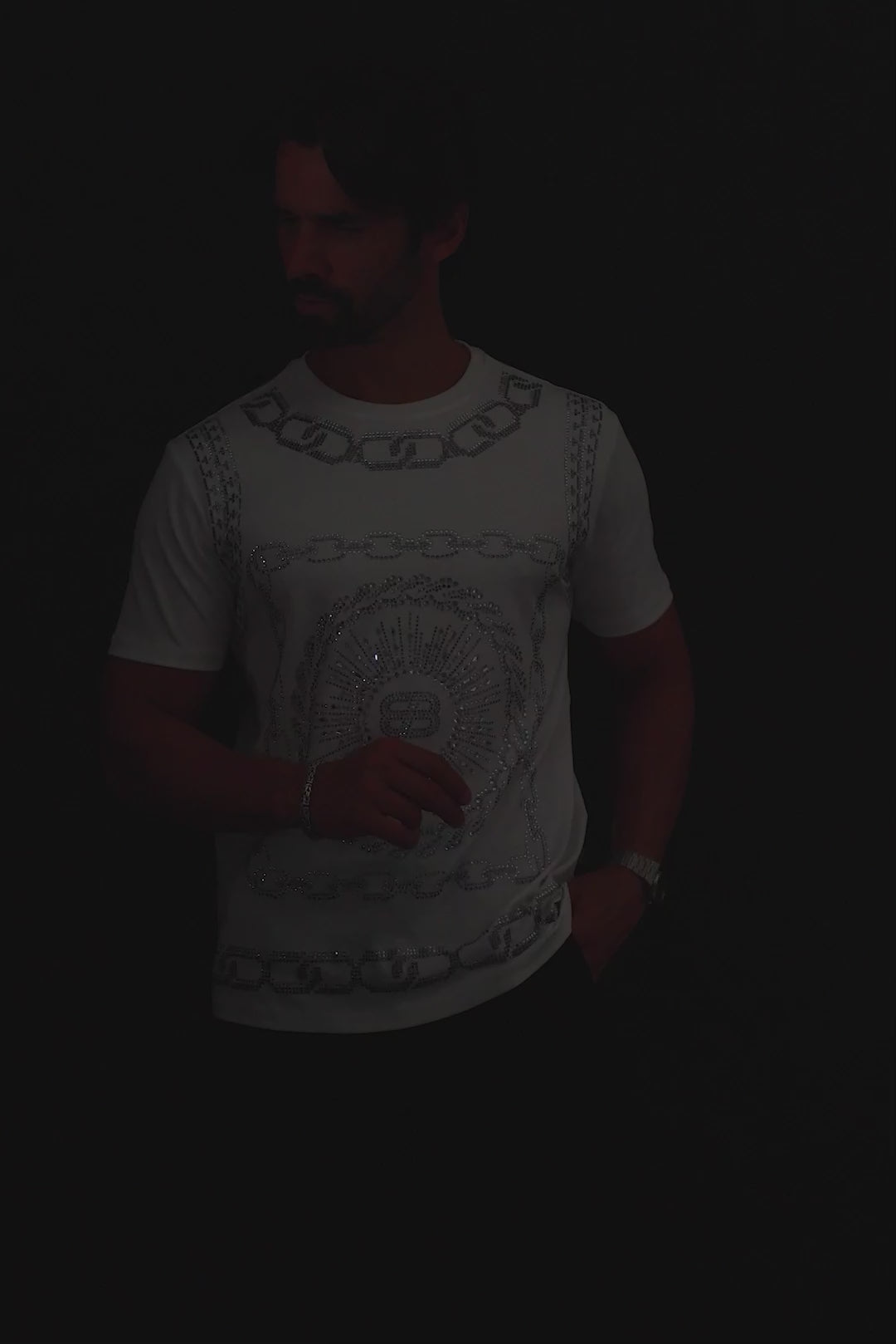 Barabas Men's Chains Rhinestone Solid Color Crew Neck T-shirts 5STR01 White