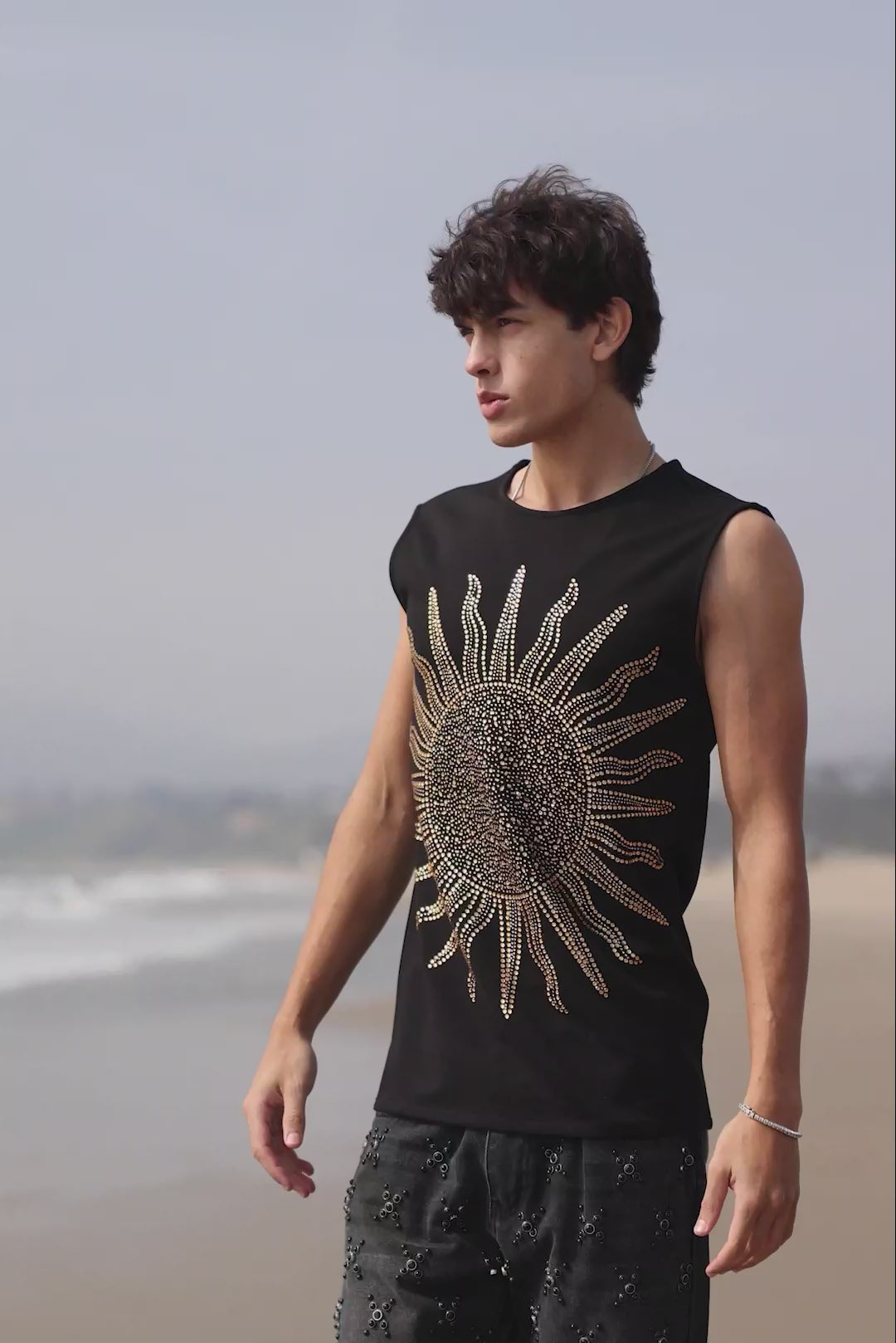 Barabas Men's Rhinestone Sun Rays Stretch Sleeveless Shirt 6ESL03 Black Gold