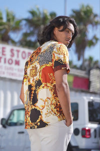 Barabas Wholesale Men's Floral Greek Pattern Baroque Short Sleeve Shirt SSR01 gold brown