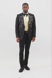 Barabas Wholesale Men's Rhinestone Floral Pattern Peak Lapel Suit 4SU20 Black Gold
