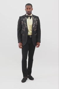 Barabas Wholesale Men's Rhinestone Floral Pattern Peak Lapel Suit 4SU20 Black Gold