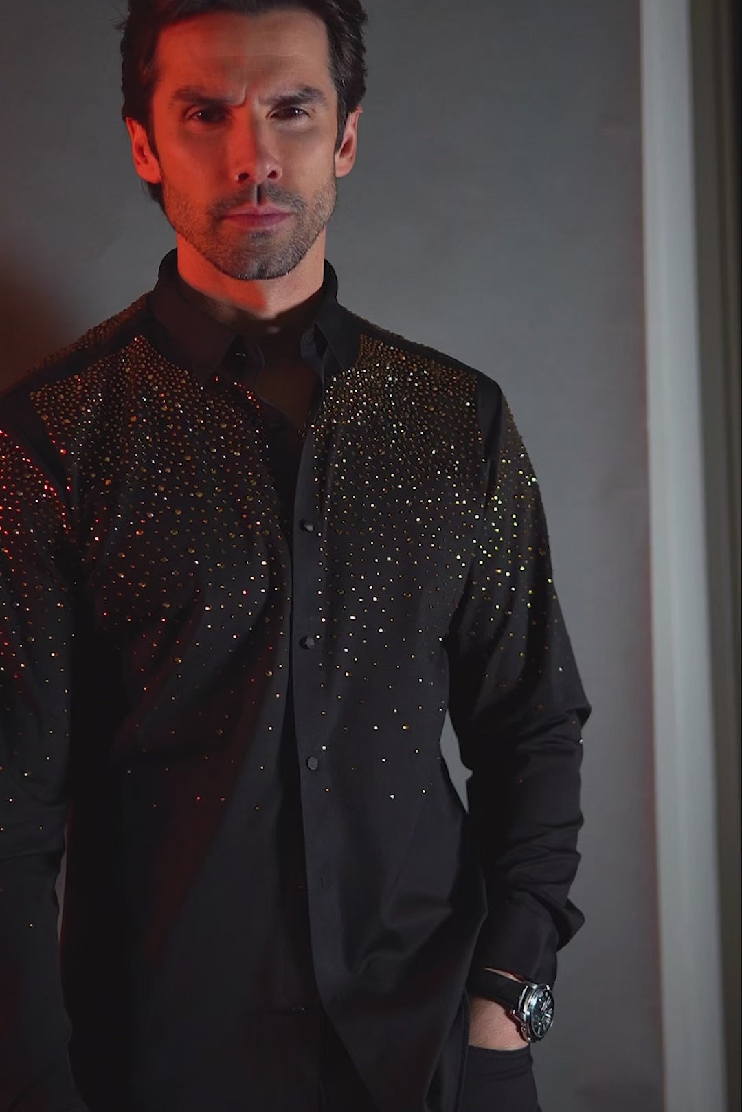 Barabas Wholesale Men's Rhinestones Jewels Long Sleeve Shirt 4B06 Black Black