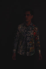 Barabas Wholesale Men's Rhinestones Floral Dragon Tiger Long Sleeve Shirt 5SPR08 White