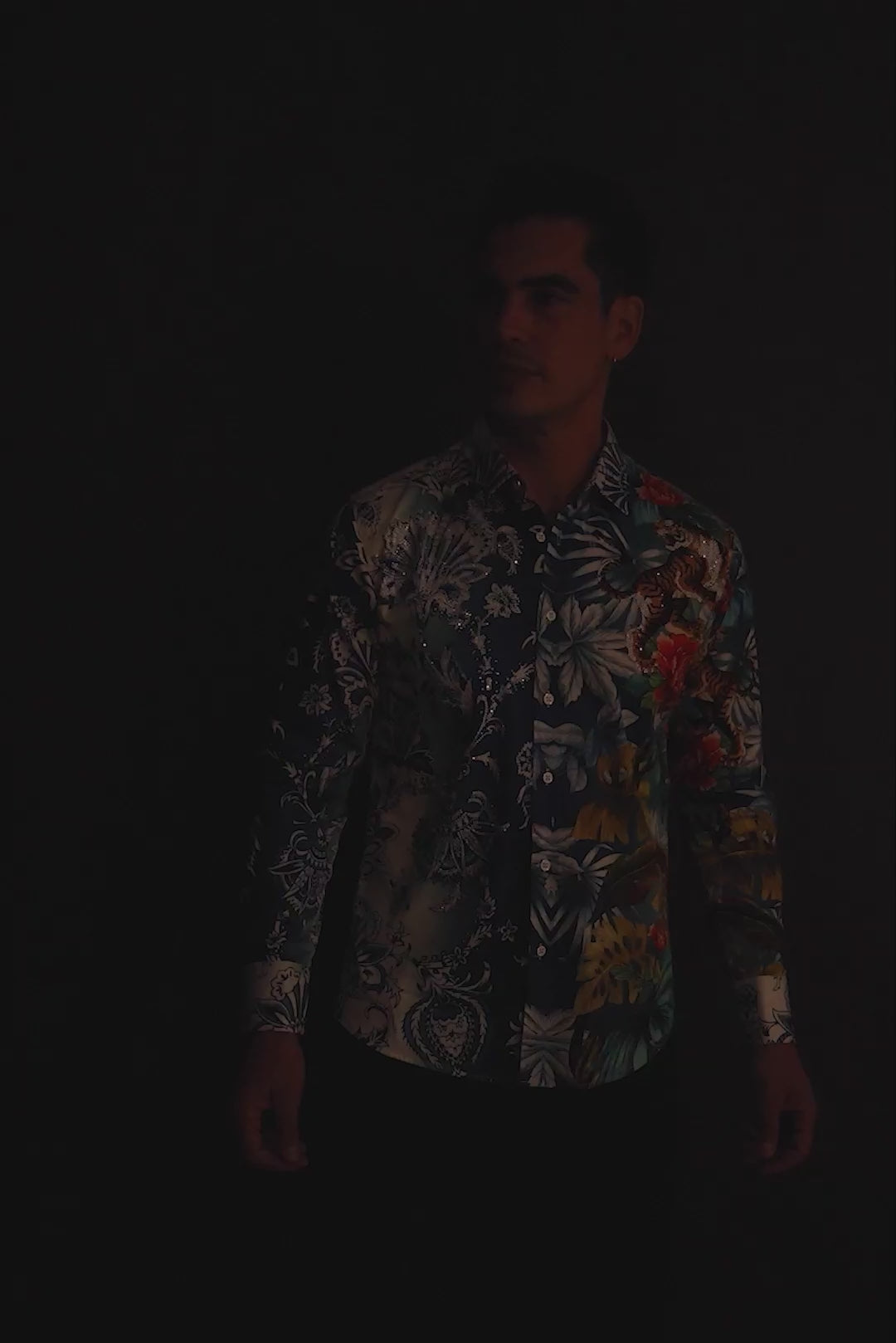 Barabas Wholesale Men's Rhinestones Floral Dragon Tiger Long Sleeve Shirt 5SPR08 White