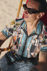 Men's Wholesale Rhinestone Coral Reef Short-Sleeve Shirt | BARABAS 6SSR08 Black