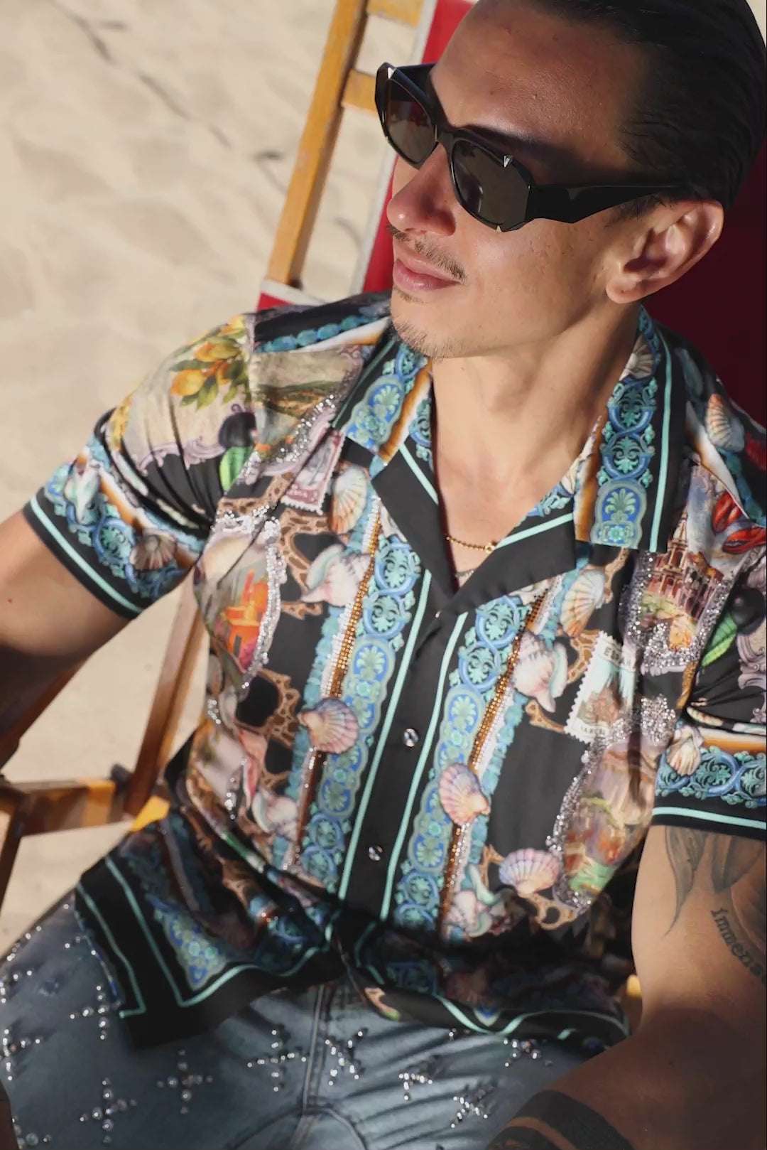 Men's Wholesale Rhinestone Coral Reef Short-Sleeve Shirt | BARABAS 6SSR08 Black