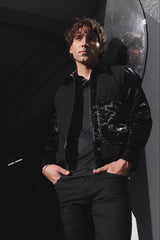 Barabas Men's Solid Color Embroidered Shiny Bomber Jacket 5C01 Black