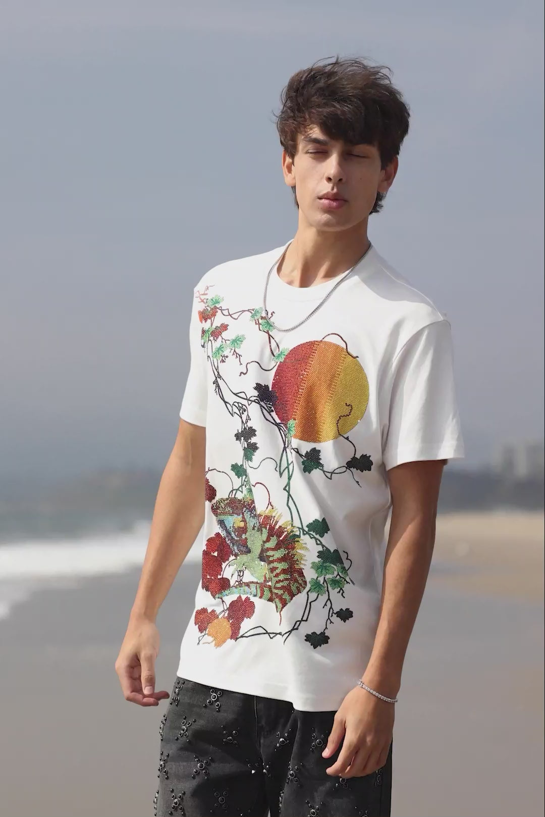 Barabas Men's Rhinestone Iguana Floral Crew-neck T-shirt 6TR03 Black