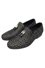Barabas Wholesale Men's Rhinestone Greek key Pattern Tassel Loafer Shoes SH3087 Black Gold