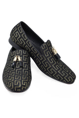 Barabas Wholesale Men's Rhinestone Greek key Pattern Tassel Loafer Shoes SH3087 Black Gold