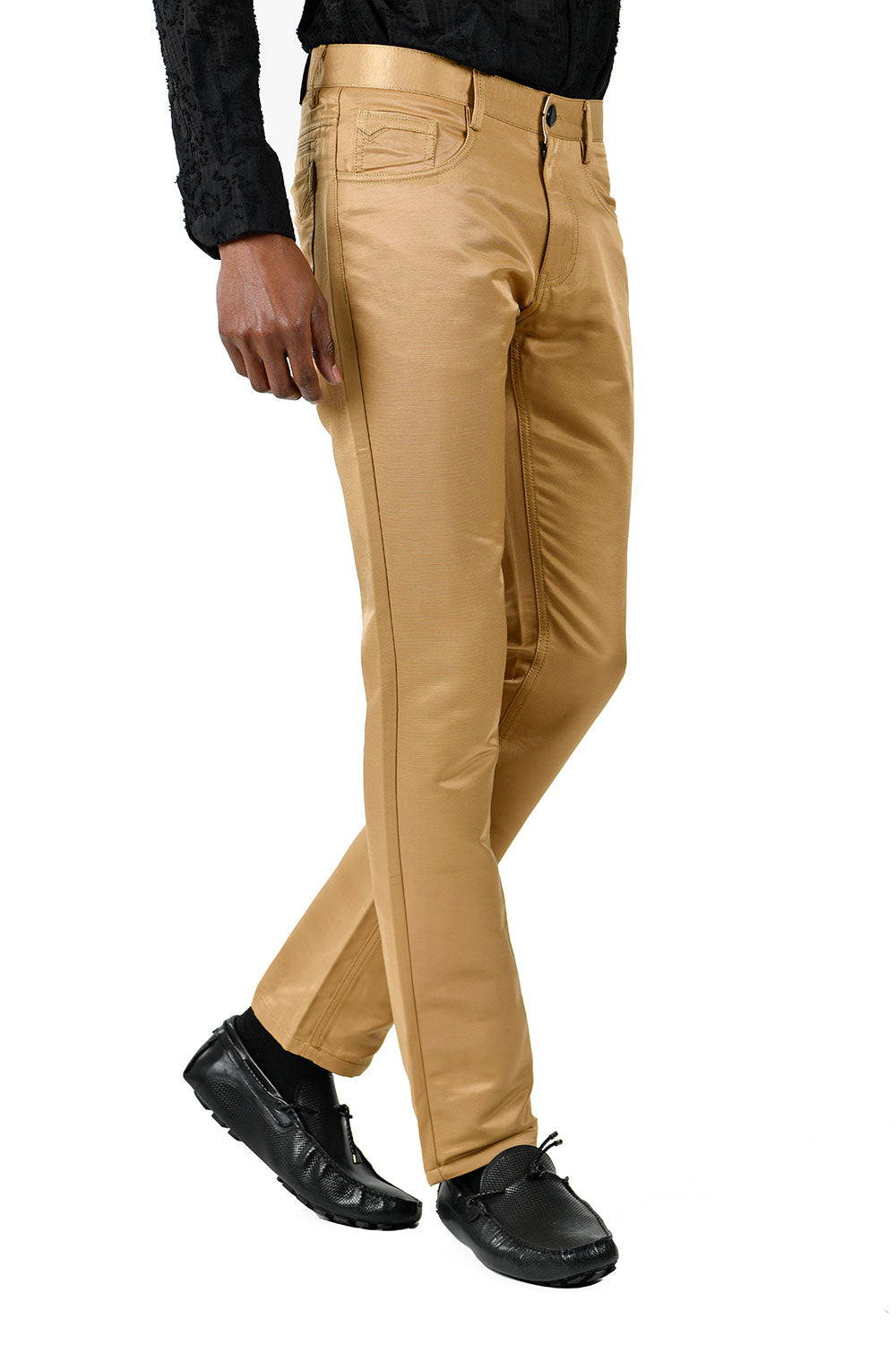 BARABAS Men's Shiny Solid Gold Color Chino Pants 2605