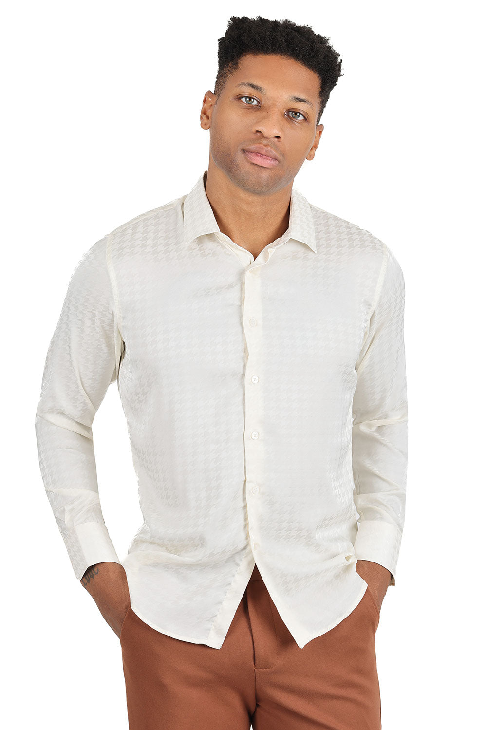 BARABAS Men's Wood Art Long Sleeve Button Down Shirt 2B321 Cream